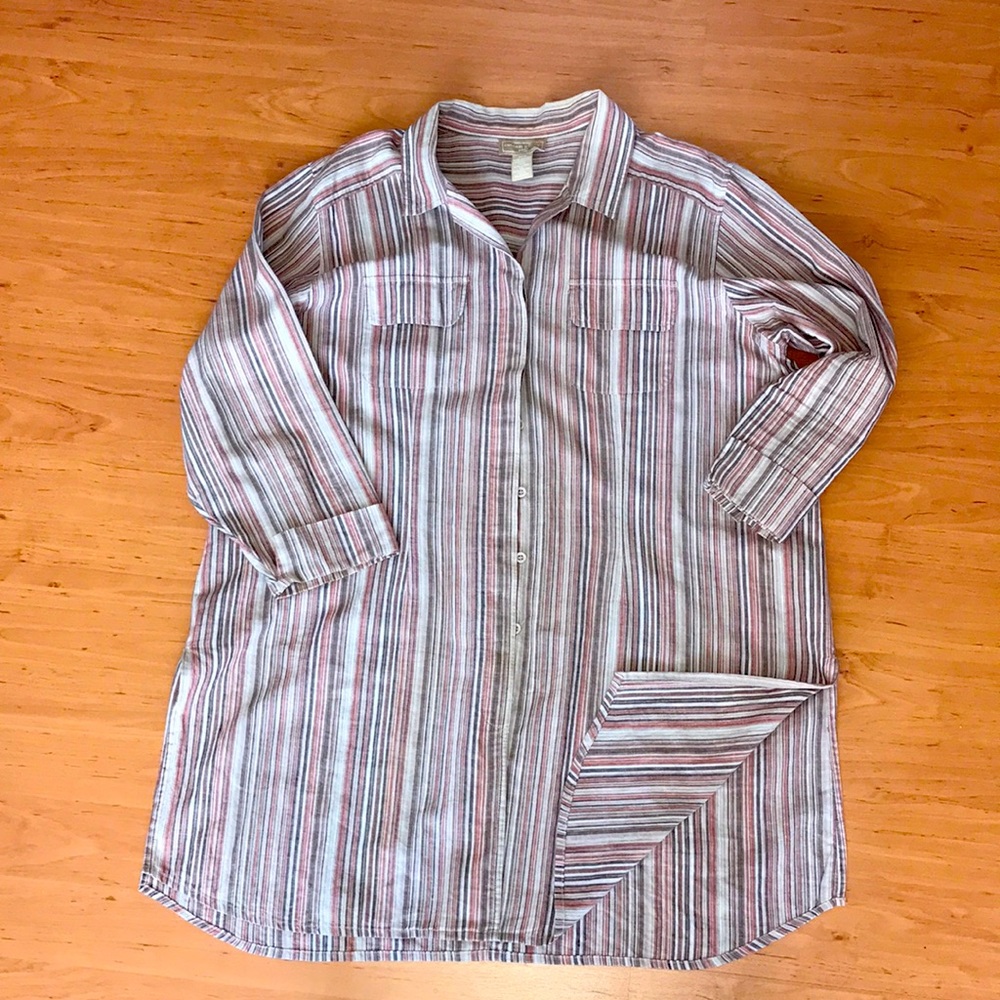 Cotton/linen shirt dress striped earth tones